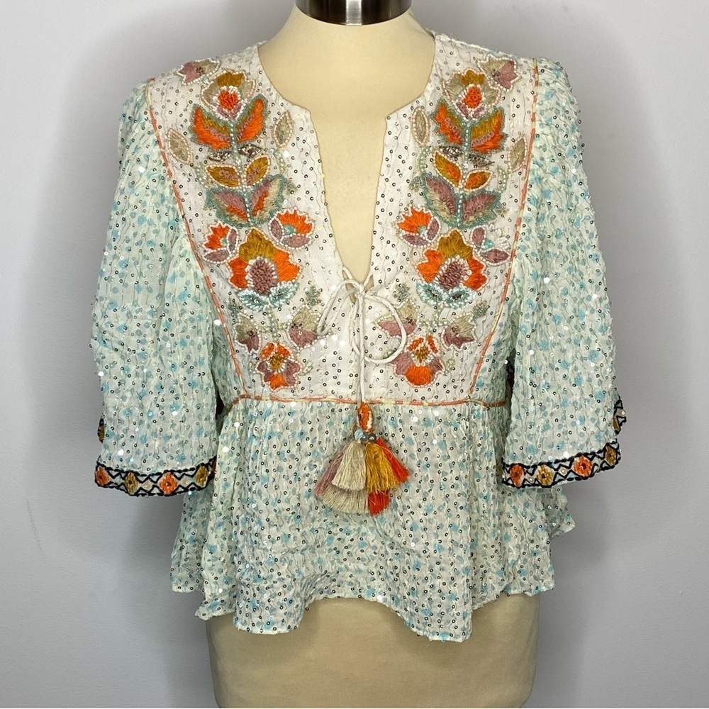 Anthropologie Verb By Pallavi Singhee Beaded Sequin Embroidered Boho Blouse